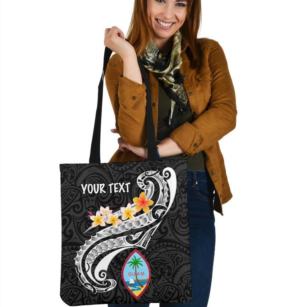 Guam Personalised Tote Bags - Guam Seal Polynesian Patterns Plumeria (Black) Tote Bag One Size Black - Polynesian Pride