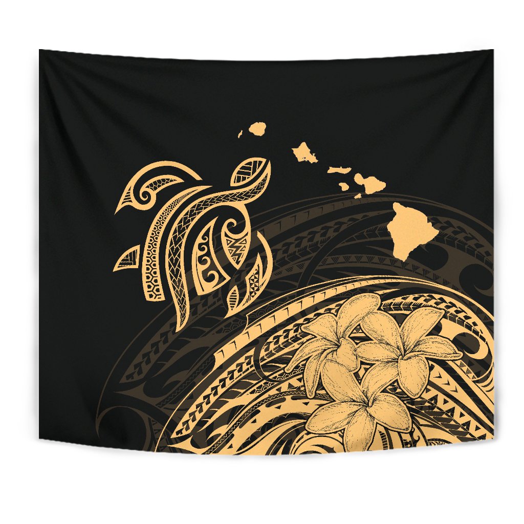 Hawaii Turtle Polynesian Map Plumeria Tapestry Wall Tapestry Black - Polynesian Pride