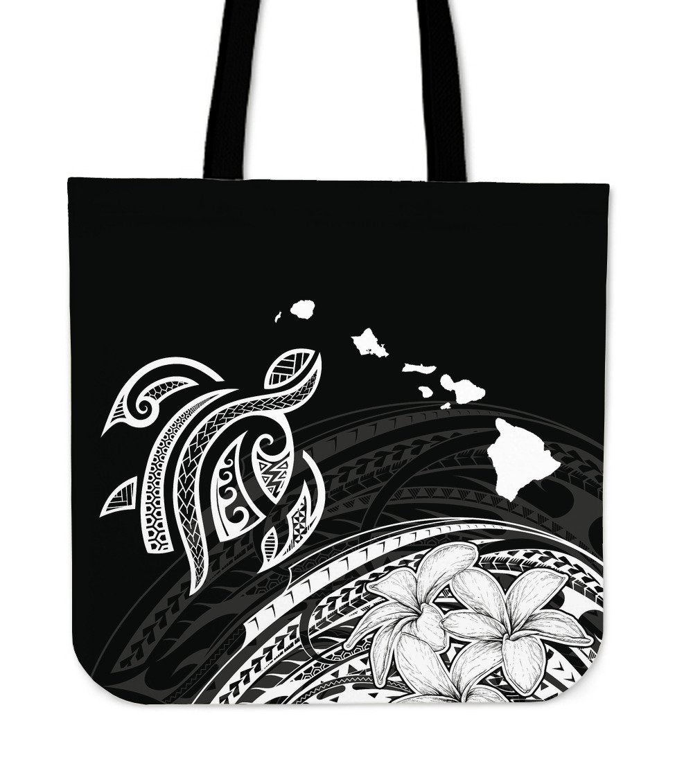 Hawaii Map Plumeria Polynesian White Turtle Tote Bag Tote Bag One Size White - Polynesian Pride