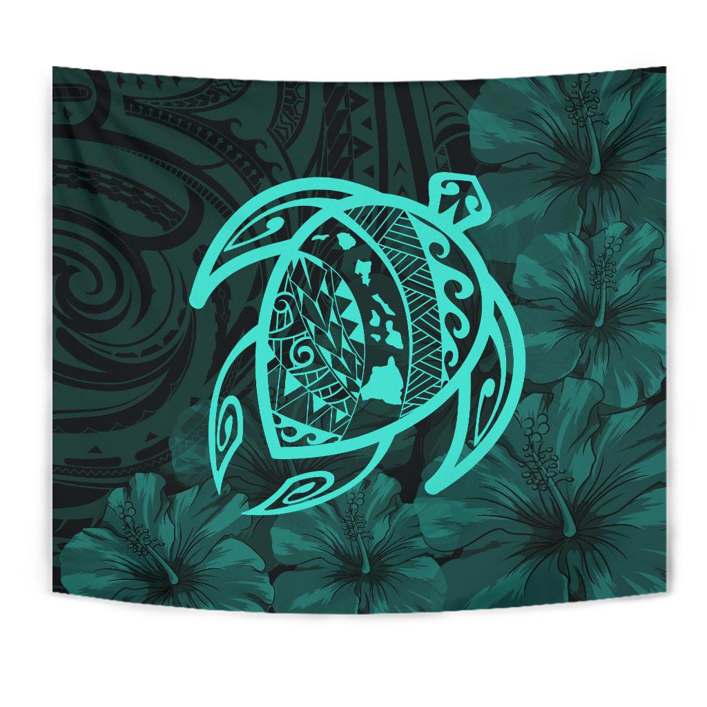 Hawaii Turtle Kanaka Map Hibiscus Poly Tapestry - Turquoise - Polynesian Pride