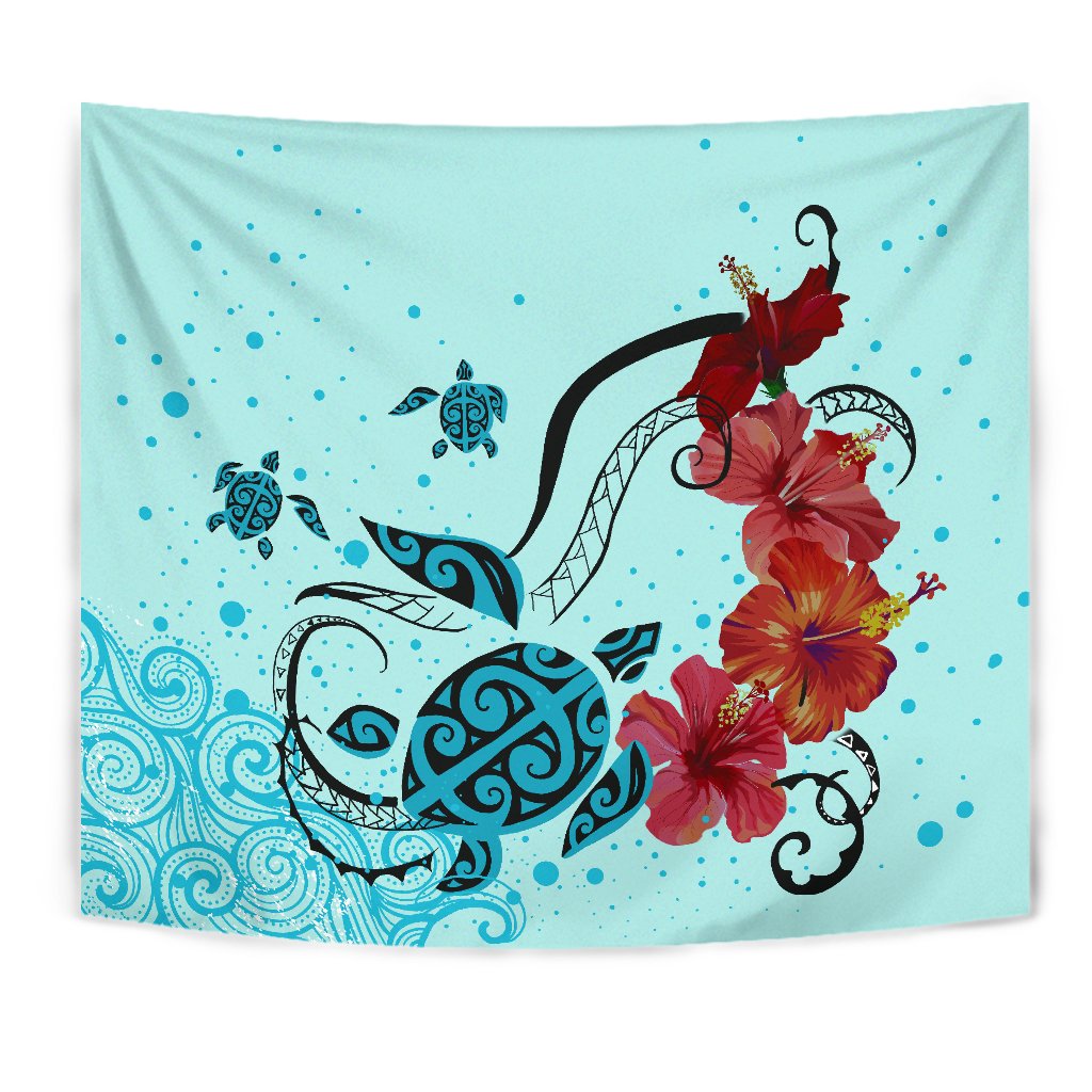 Sea Turtle Hibiscus Tapestry Wall Tapestry Blue - Polynesian Pride