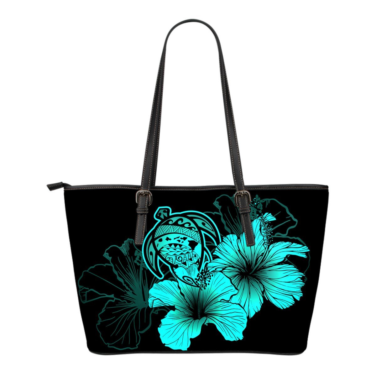 Hawaii Hibiscus Small Leather Tote Bag - Turtle Map - Turquoise Blue - Polynesian Pride