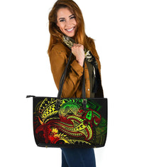 American Samoa Leather Tote Bag - Reggae Shark Polynesian Tattoo - Polynesian Pride