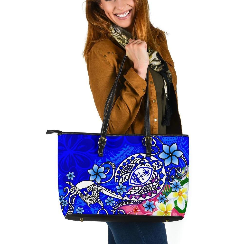 Guam Large Leather Tote Bag - Turtle Plumeria (Blue) Blue - Polynesian Pride