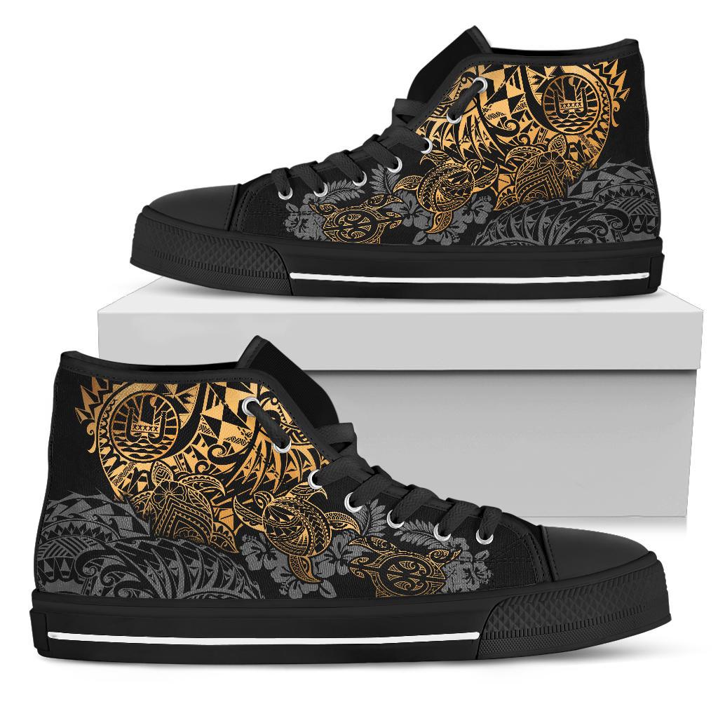 Tahiti Polynesian High Top Shoes - Gold Turtle Hibiscus Flowing Unisex Black - Polynesian Pride