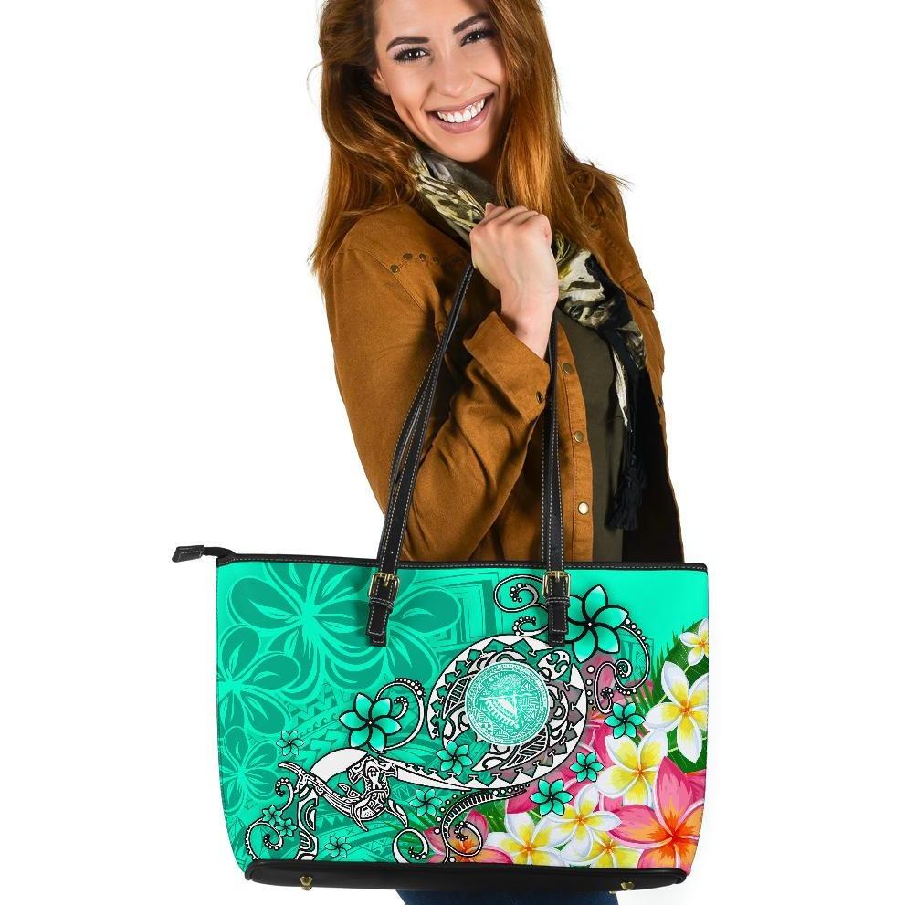 American Samoa Polynesian Large Leather Tote Bag - Turtle Plumeria (Turquoise) Turquoise - Polynesian Pride