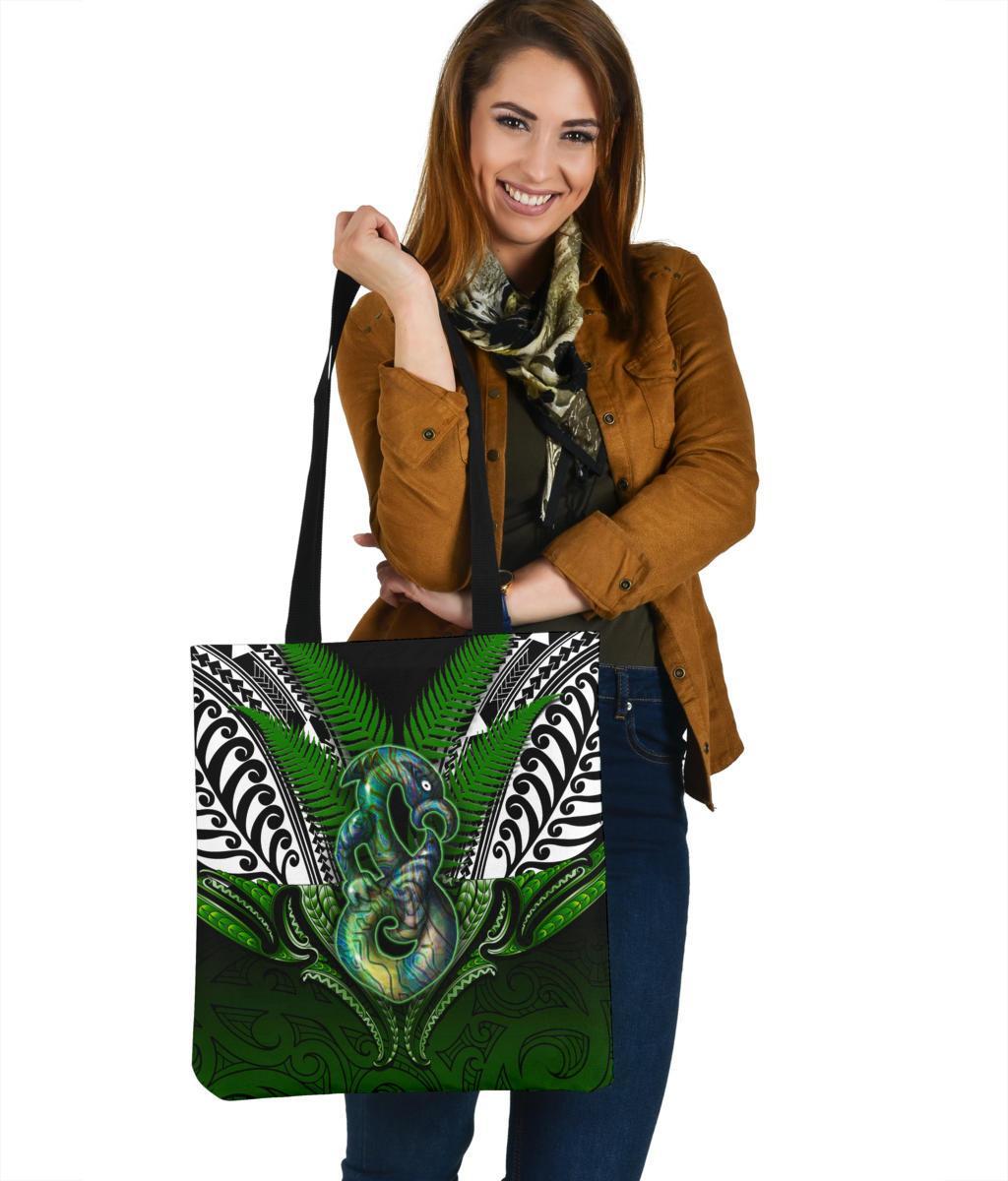 Manaia Mythology Tote Bag Silver Fern Maori Tattoo Tote Bag One Size Green - Polynesian Pride