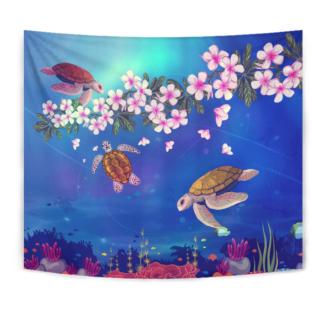 Turtle Plumeria Ocean Tapestry Wall Tapestry Blue - Polynesian Pride
