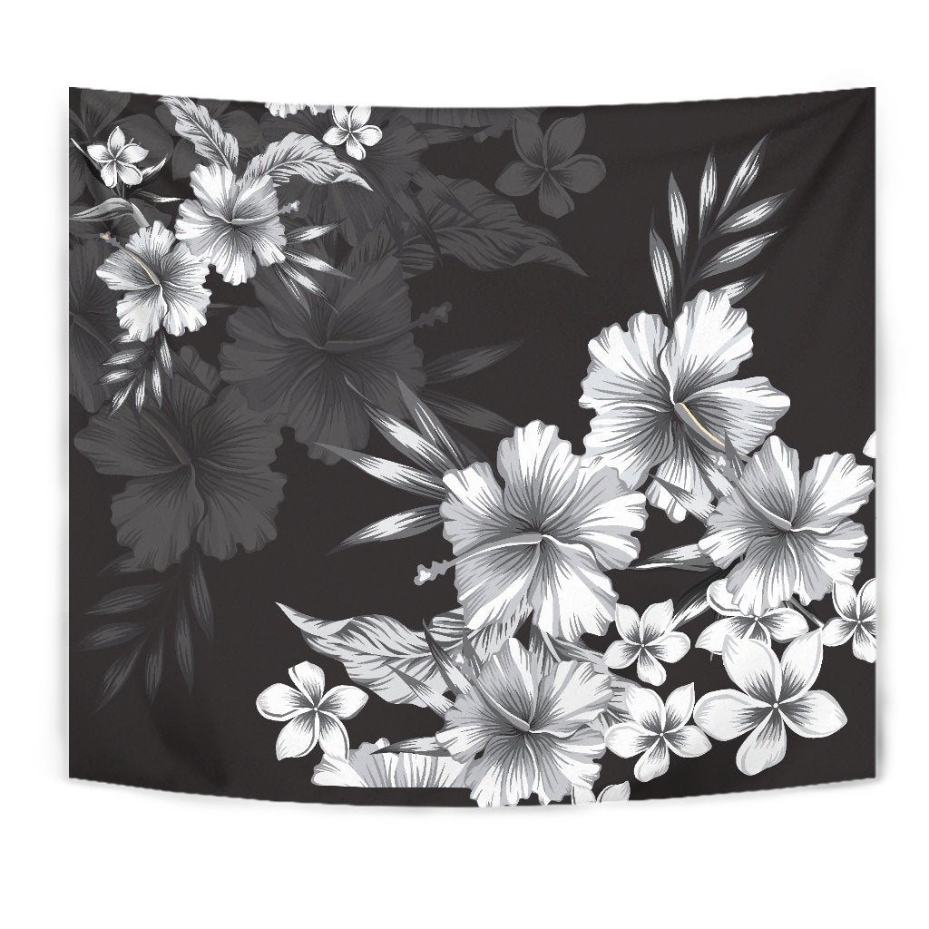 Hibiscus And Plumeria B&W Tapestry Wall Tapestry Black - Polynesian Pride