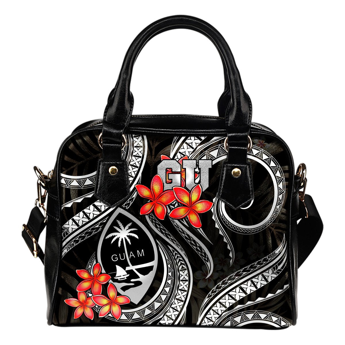 Guam Polynesian Shoulder Handbag - Black Plumeria One Size BLACK - Polynesian Pride