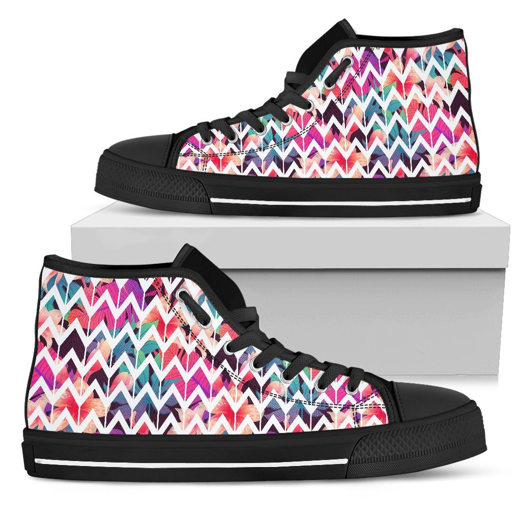 Hawaiian Shoes - Palm Foliage On Striped Zigzag High Top Shoes Womens High Top Black - Polynesian Pride