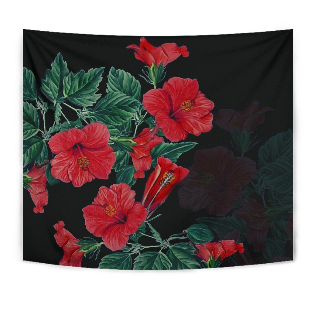 Hibiscus Red Flower Tapestry Wall Tapestry Black - Polynesian Pride