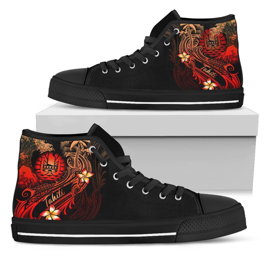 Tahiti Polynesian High Top Shoes - Plumeria Flowers And Waves Unisex Black - Polynesian Pride