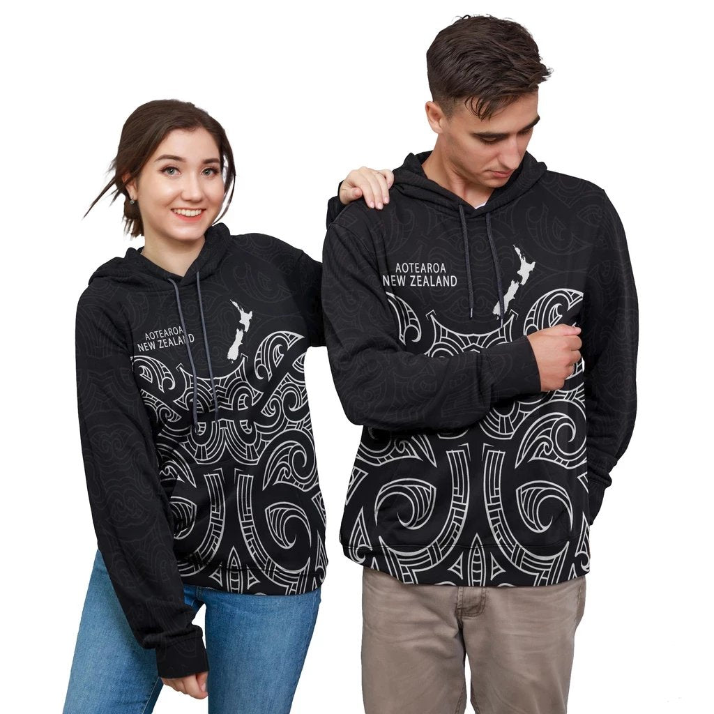 New Zealand Aotearoa Hoodie Patterns Maori Aotearoa Map Unisex Black - Polynesian Pride