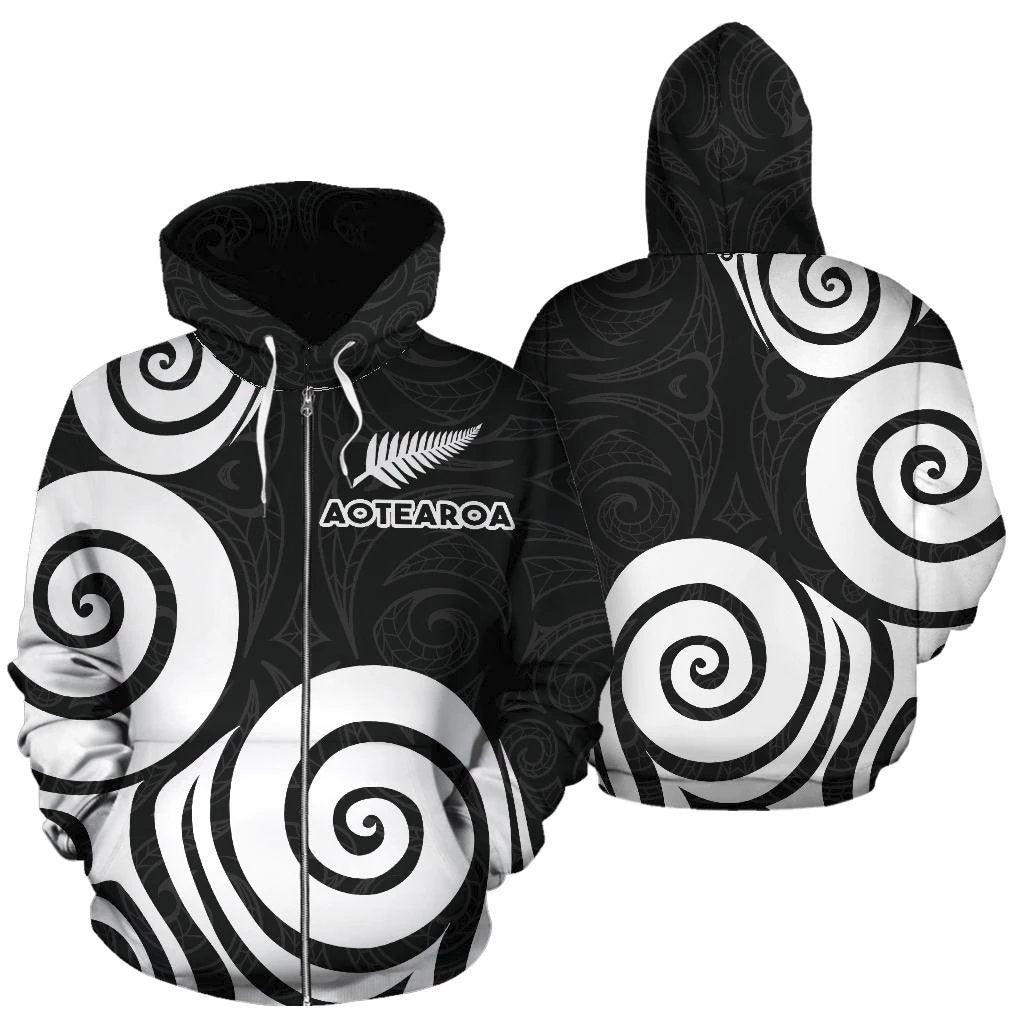 Aotearoa Hoodie Patterns Maori Silver Fern Koru Zip up Unisex Black - Polynesian Pride