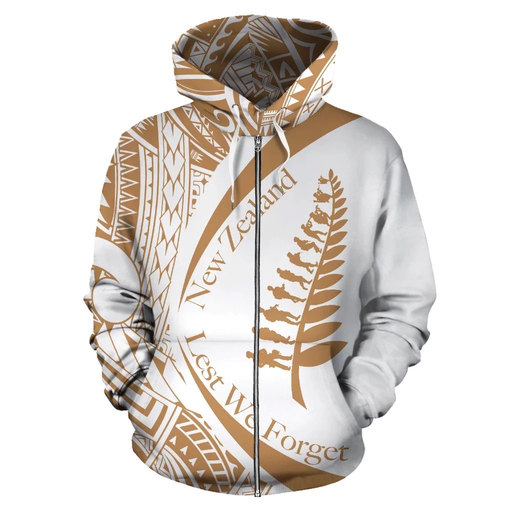 New Zealand Lest We Forget Maori Zip up Hoodie Circle Golden Unisex White - Polynesian Pride