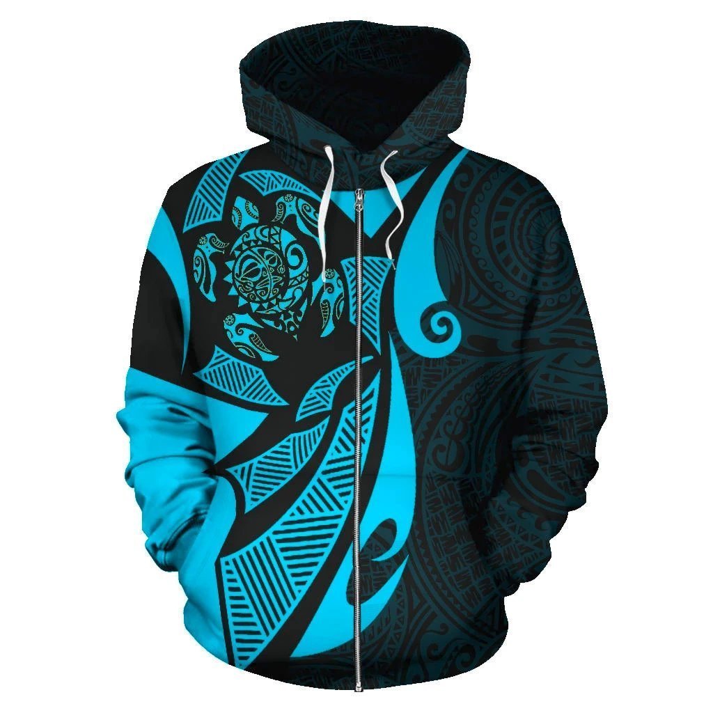 Maori Turtle Zip Hoodie Unisex Blue - Polynesian Pride