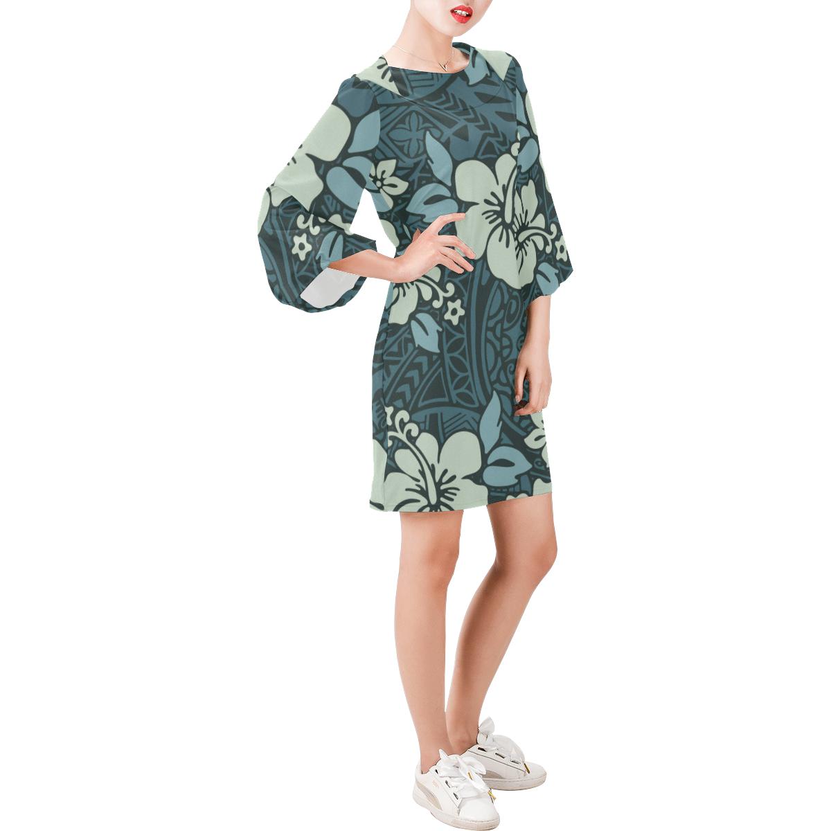 Hawaii Bell Sleeve Dress - Hibiscus Tribal Pattern - Polynesian Pride