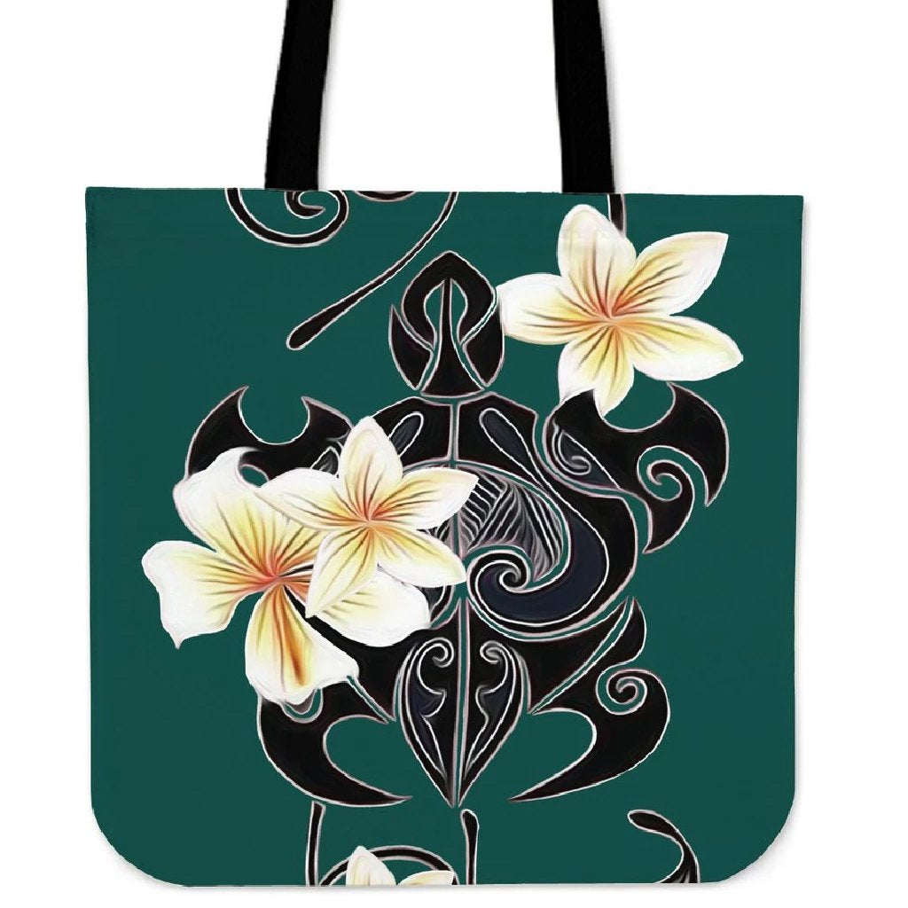 Turtle Poly Tribal Plumeria Turquoise Tote Bag Tote Bag One Size Black - Polynesian Pride