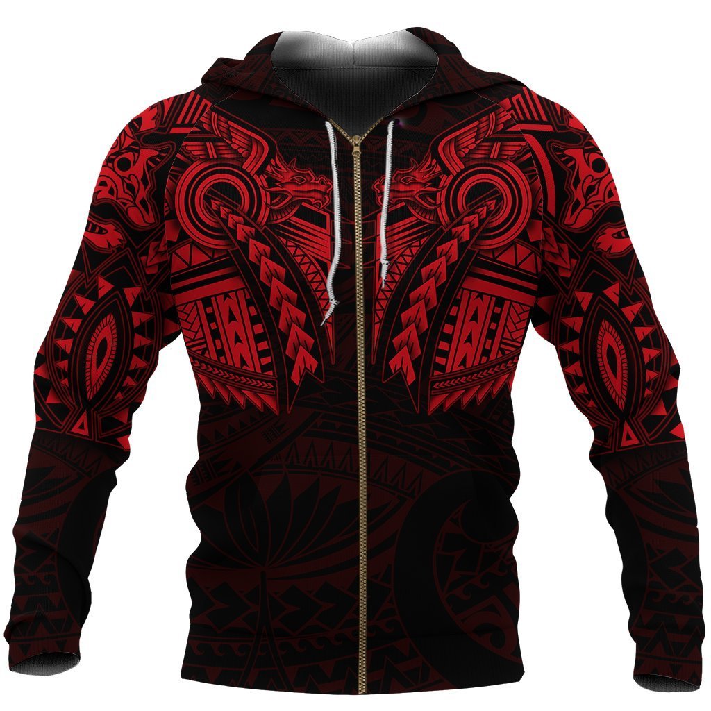 New Zealand Zip up Hoodie, Maori Tattoo Wolf Dragon Zipper Hoodie Red Unisex Black - Polynesian Pride