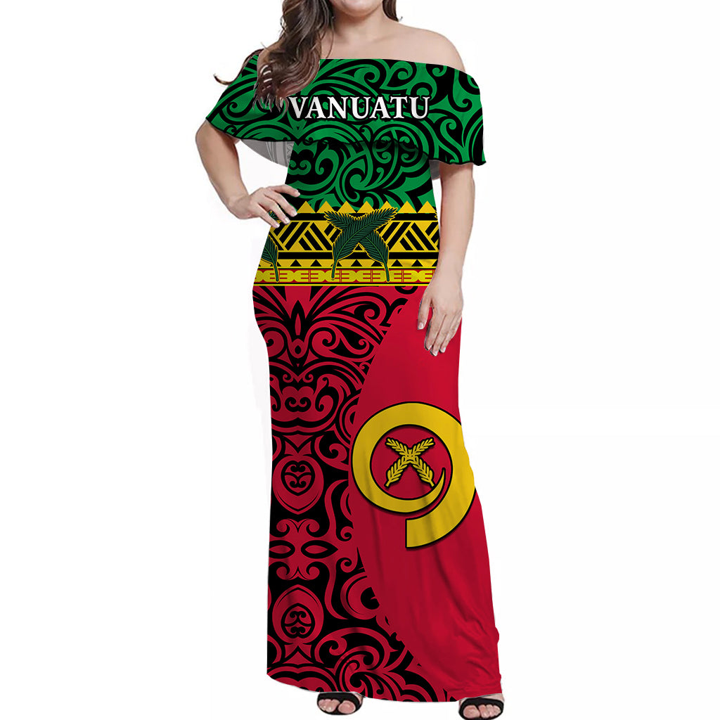 Vanuatu Dreamy Off Shoulder Long Dress Flag and Pattern Version 02 LT13 Long Dress Red - Polynesian Pride