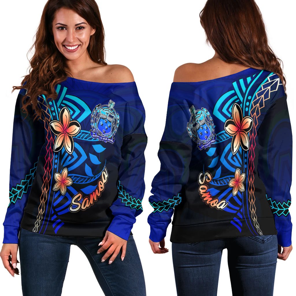 Samoa Women's Off Shoulder Sweater - Vintage Tribal Mountain Blue - Polynesian Pride