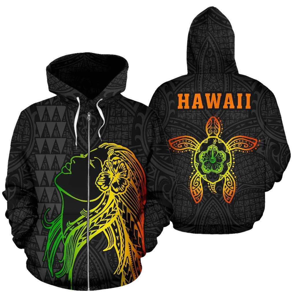 Hula Girl and Turtle Hibiscus Zip up Hoodie Unisex Black - Polynesian Pride