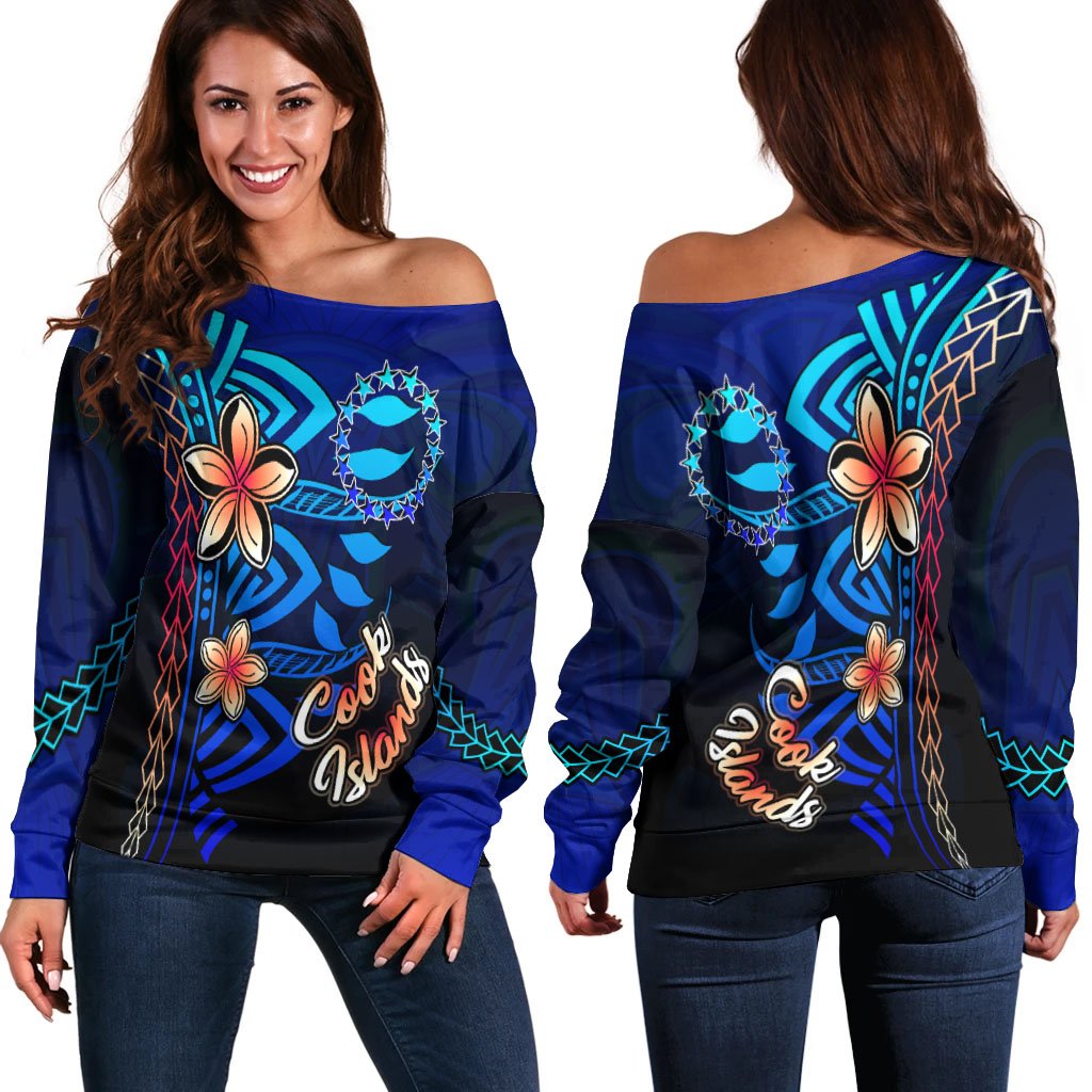 Cook Islands Women's Off Shoulder Sweater - Vintage Tribal Mountain Blue - Polynesian Pride