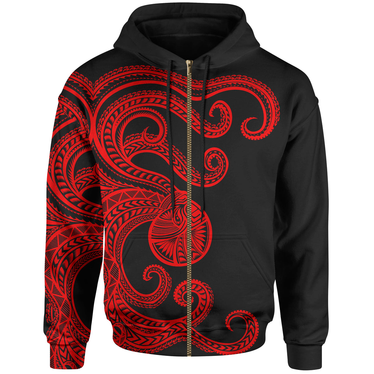 Polynesian Octopus Zip up Hoodie Red Color Unisex Red - Polynesian Pride