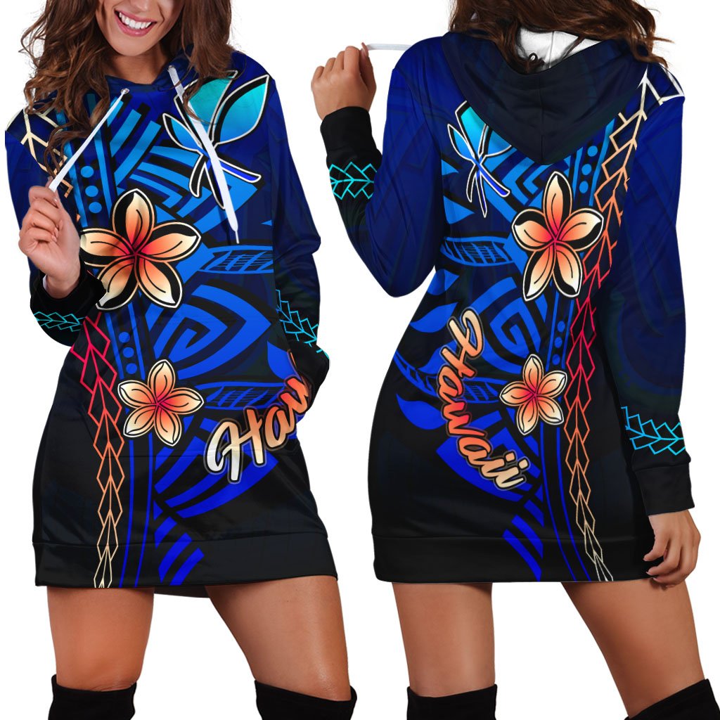 Hawaii Hoodie Dress - Vintage Tribal Mountain Blue - Polynesian Pride