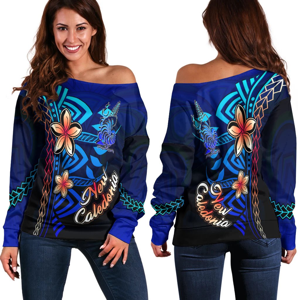 New Caledonia Women's Off Shoulder Sweater - Vintage Tribal Mountain Blue - Polynesian Pride