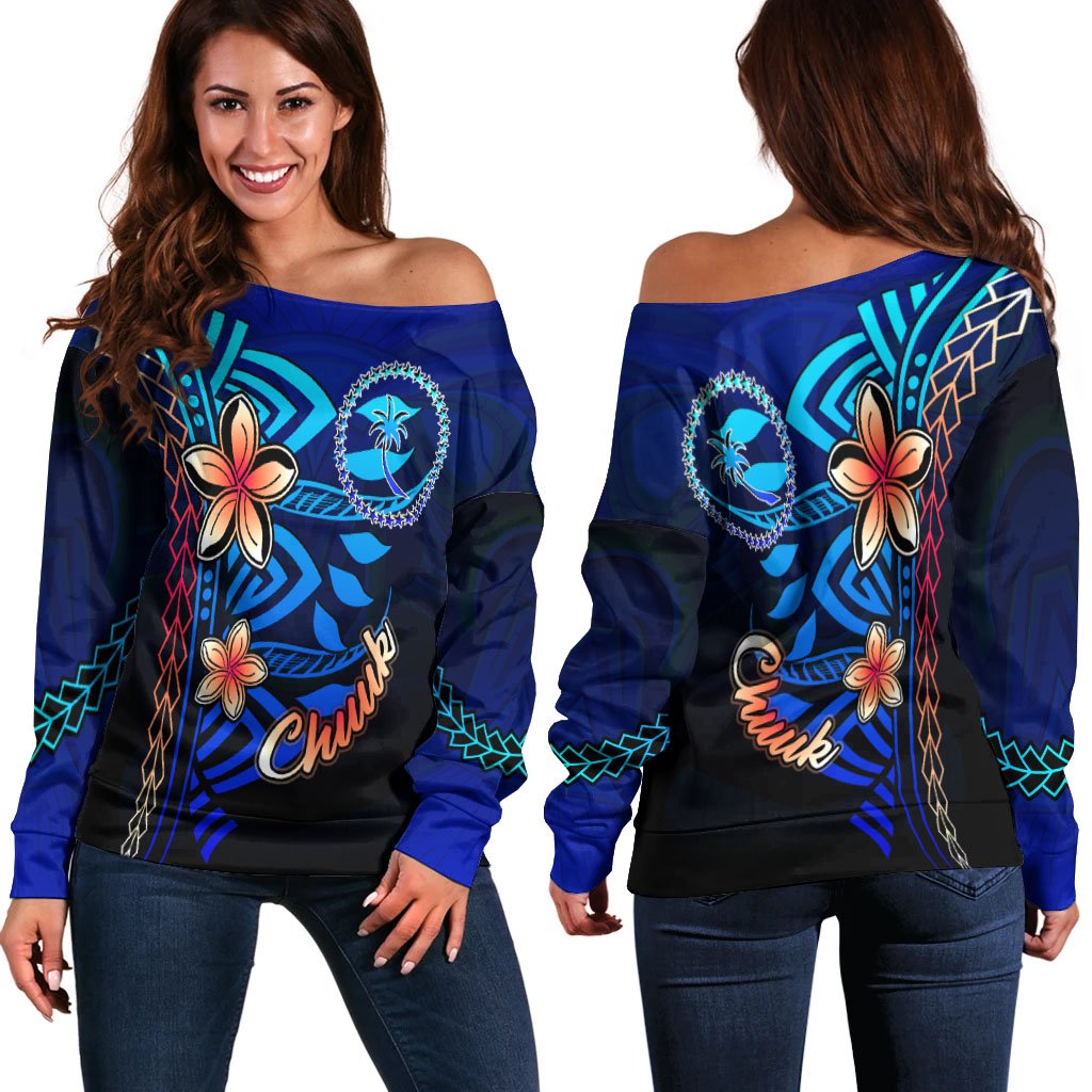 Chuuk Women's Off Shoulder Sweater - Vintage Tribal Mountain Blue - Polynesian Pride