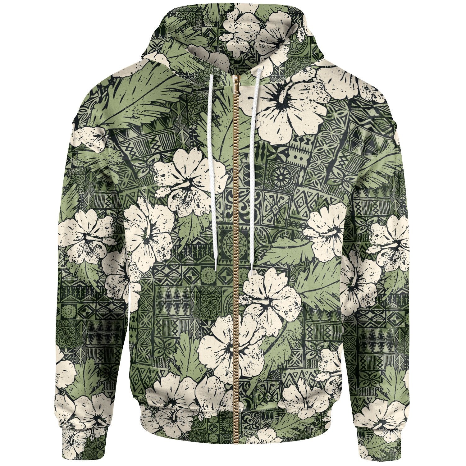 Polynesian Hoodie Abstract Hibiscus Flowers With Tribal Background Green Color Unisex Vintage Color - Polynesian Pride