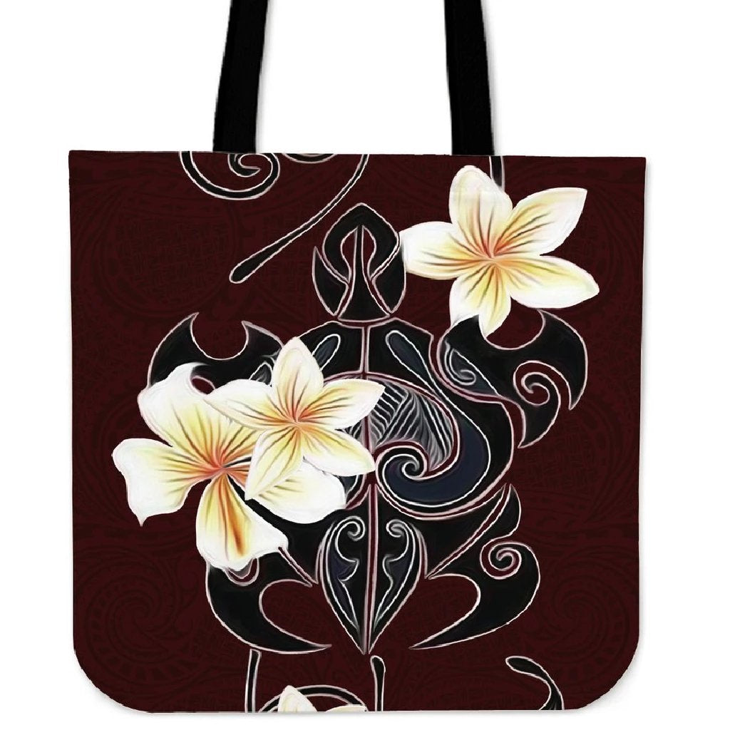 Turtle Poly Tribal Plumeria Red Tote Bag Tote Bag One Size Black - Polynesian Pride