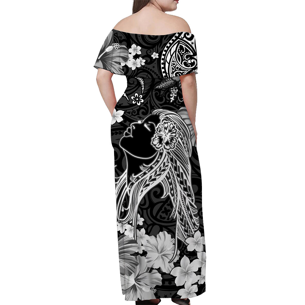 Hawaii Off Shoulder Long Dress Polynesia Black Beautiful Hula Girl LT13 - Polynesian Pride