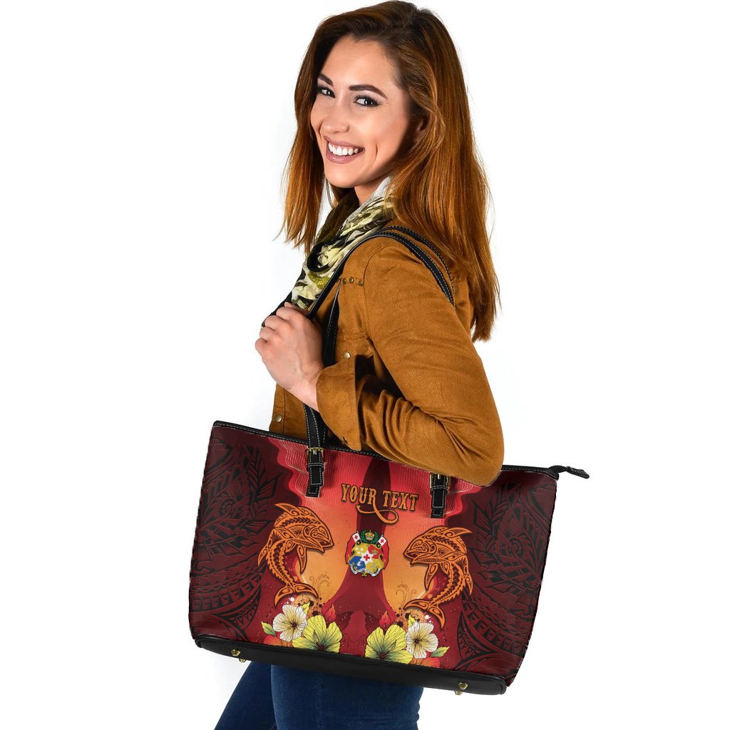 Tonga Custom Personalised Large Leather Tote - Tribal Tuna Fish Orange - Polynesian Pride