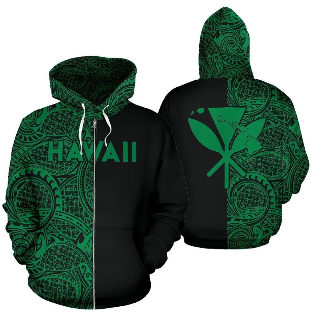 Hawaii Kanaka Polynesian Zip up Hoodie The Half Green Unisex Green - Polynesian Pride