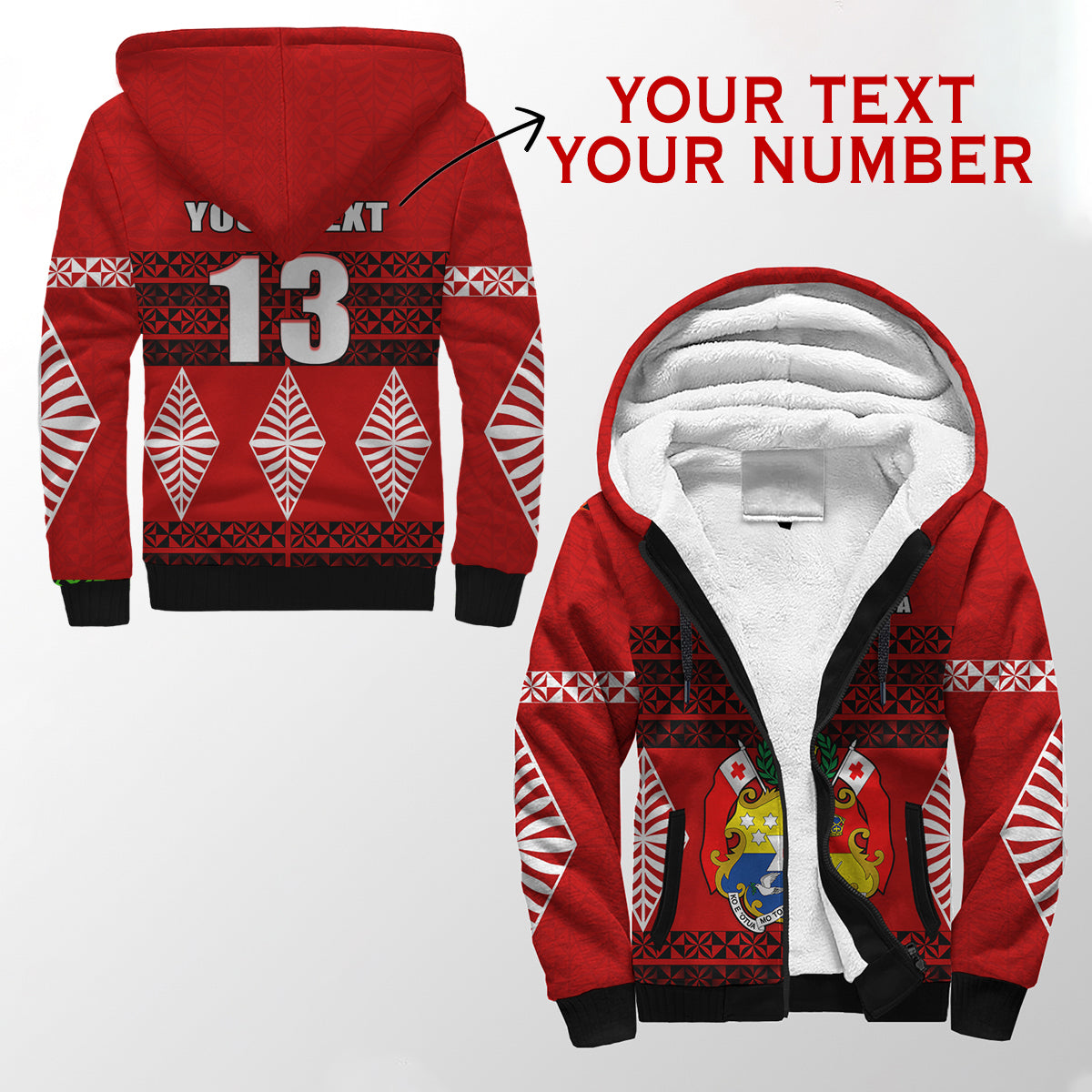 (Custom Personalised) Tonga Sherpa Hoodie - Tongan Pattern - Custom Text and Number LT13 Unisex Red - Polynesian Pride