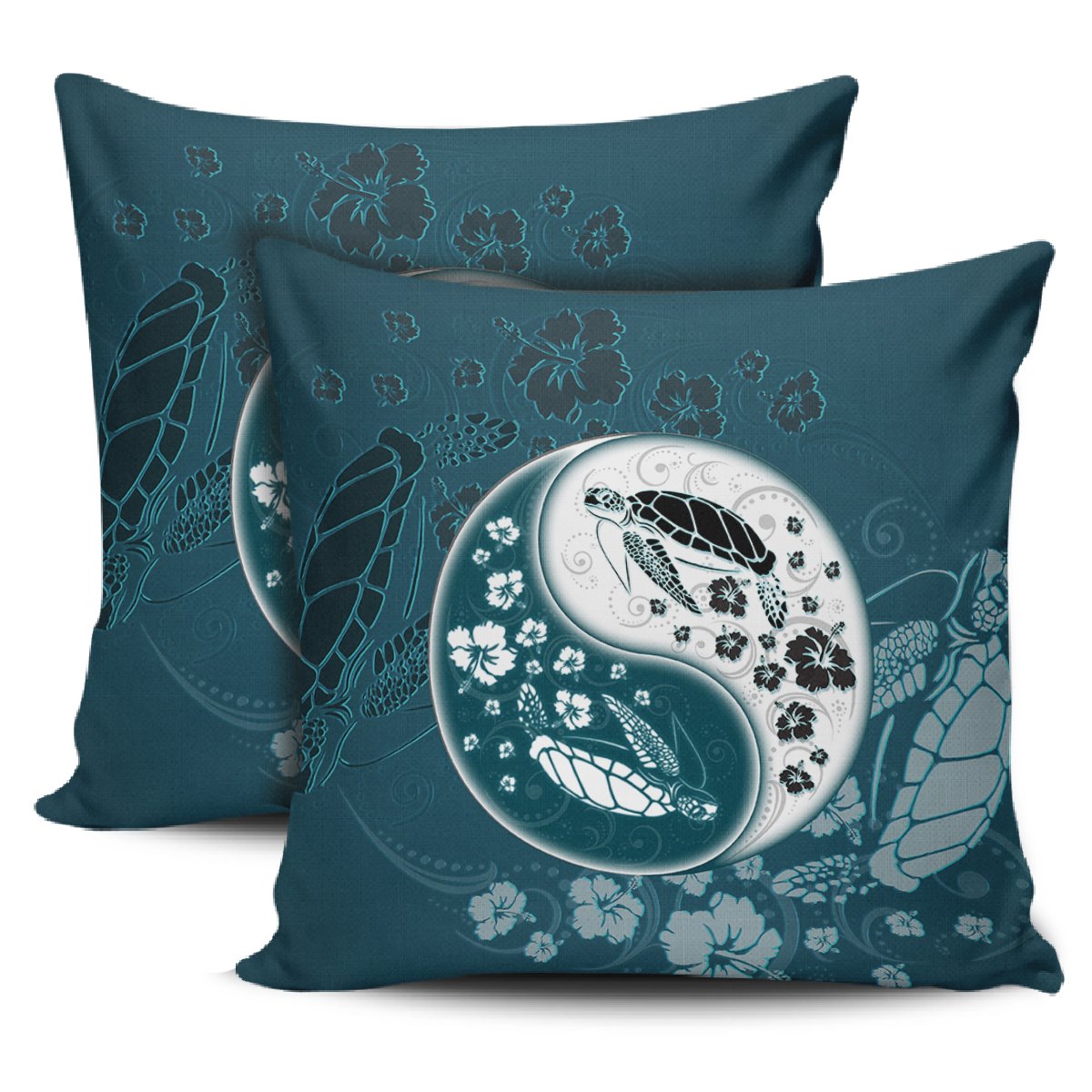 Yinyang Turtle Hibiscus Pillow Covers One Size Zippered Pillow Cases 18"x 18" (Twin Sides) (Set of 2) Black - Polynesian Pride