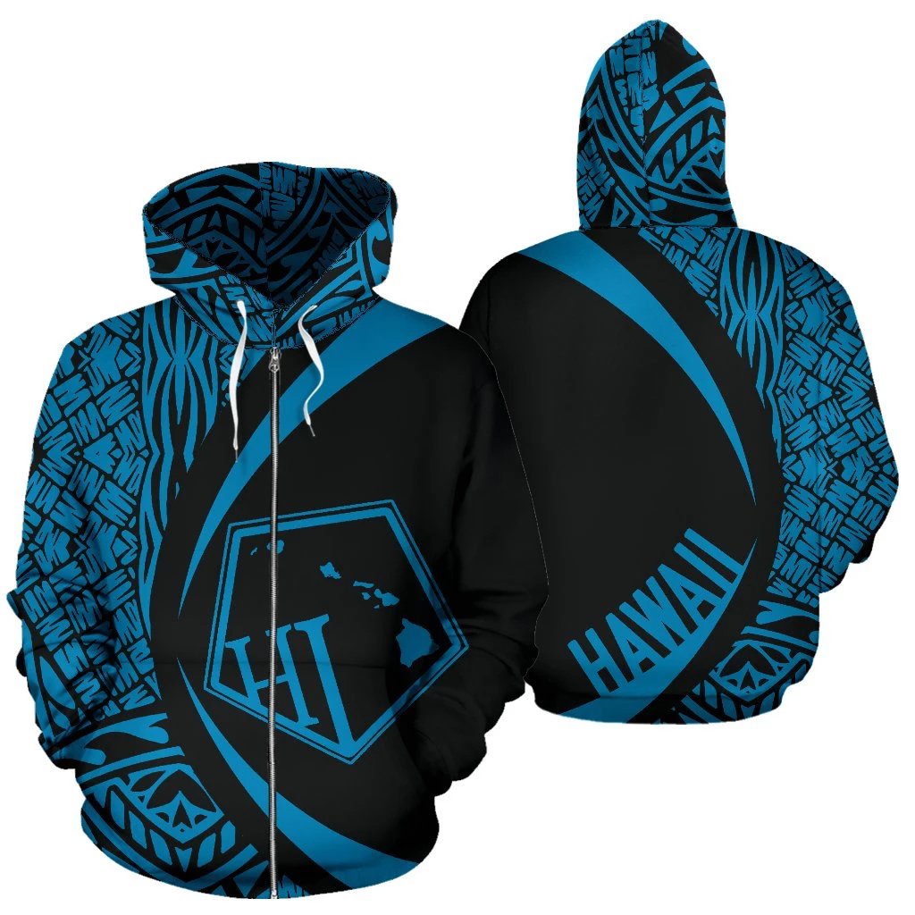 Hawaii Polynesian Zip up Hoodie Tribal Blue Color Circle Style Blue - Polynesian Pride