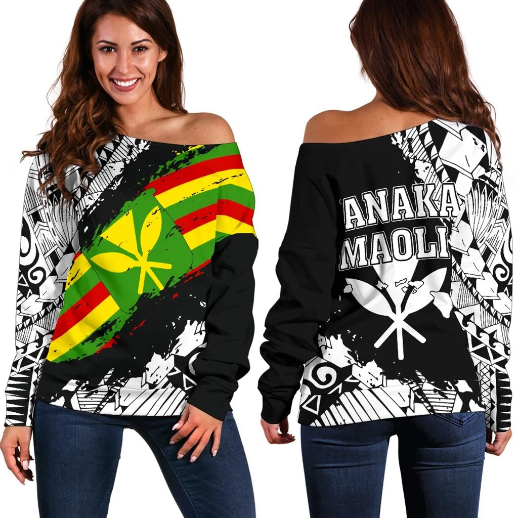 Polynesian Kanaka Flag Women's Off Shoulder Sweater - Nora Style - White Black - Polynesian Pride
