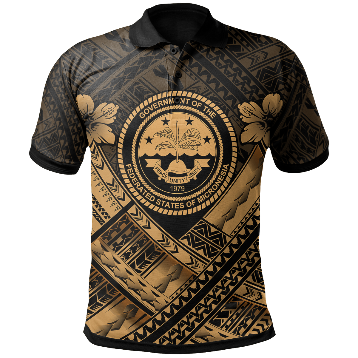 Federated States of Micronesia Polynesian Polo Shirt FSM Gold Seal Camisole Hibiscus Style Unisex Black - Polynesian Pride