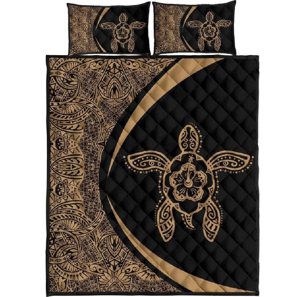 Hawaiian Polynesian Turtle Quilt Bed Set - Circle Style Gold Black - Polynesian Pride
