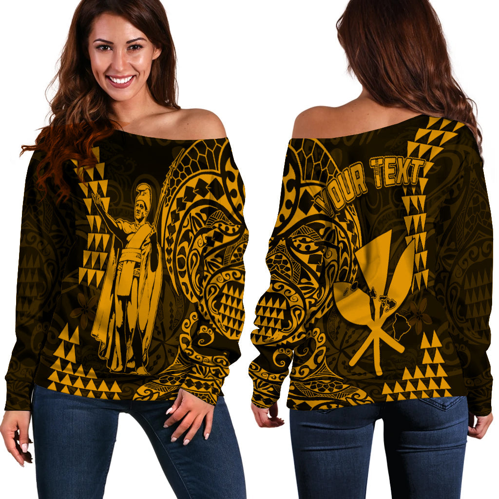 (Custom Personalised) Hawaii Day Kakau Off Shoulder Sweater Proud To Be Hawaiian Gold King Kamehameha and Kanaka Maoli LT13 Women Gold - Polynesian Pride