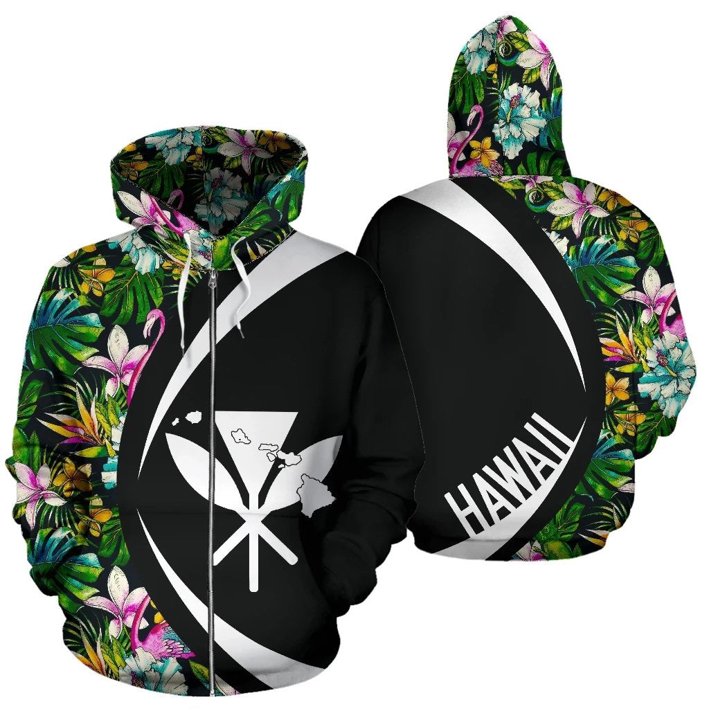 Kanaka Animals and Tropical Flowers Zipper Hoodie Circle Style Unisex Black - Polynesian Pride
