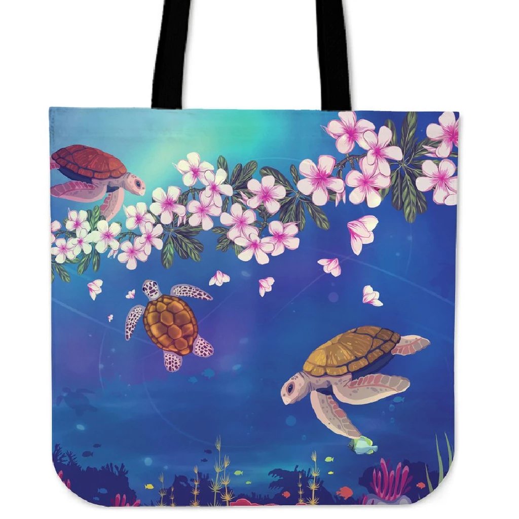 Turtle Plumeria Ocean Tote Bag Tote Bag One Size Blue - Polynesian Pride
