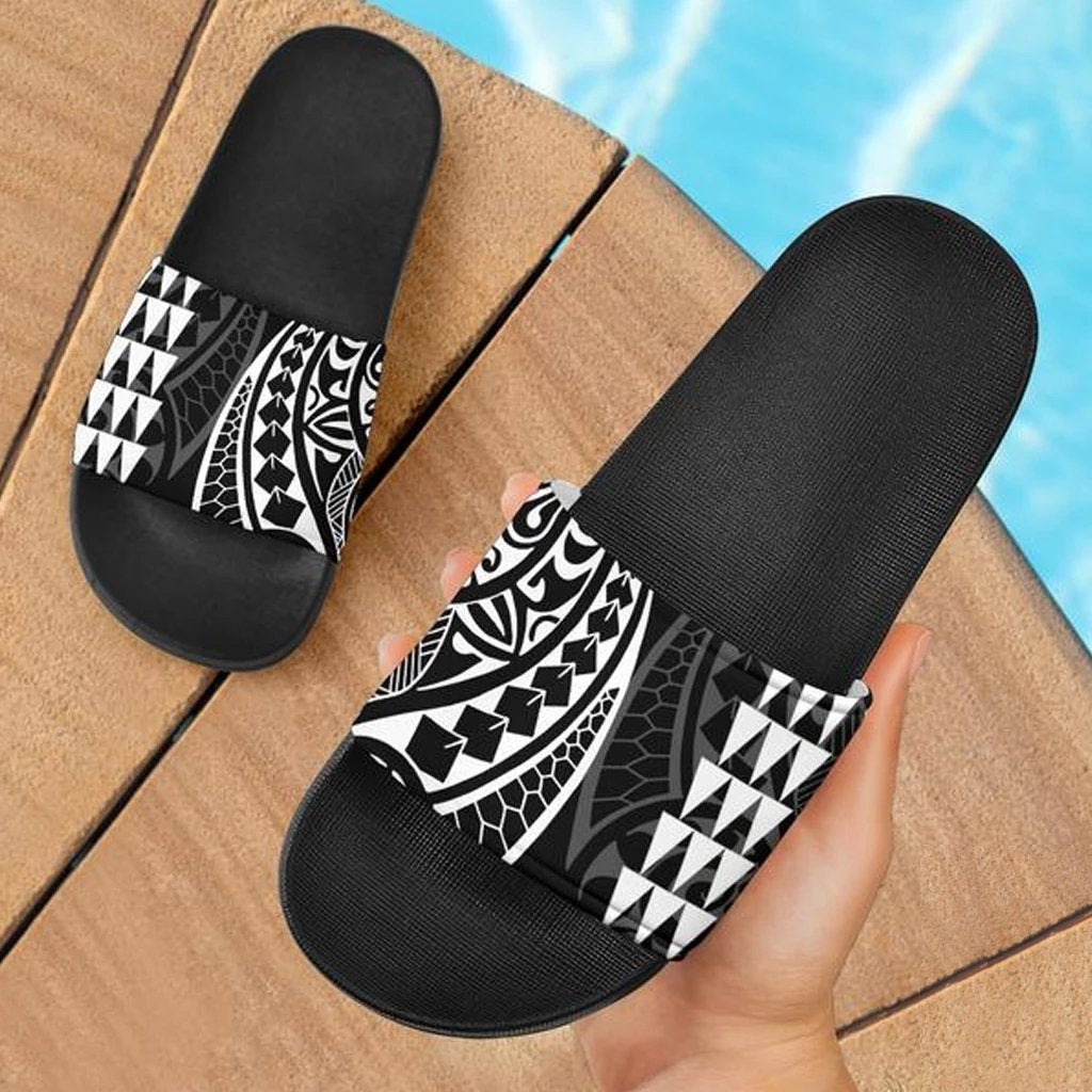 Hawaiian Polynesian Tribal Slide Sandals White Black Black - Polynesian Pride