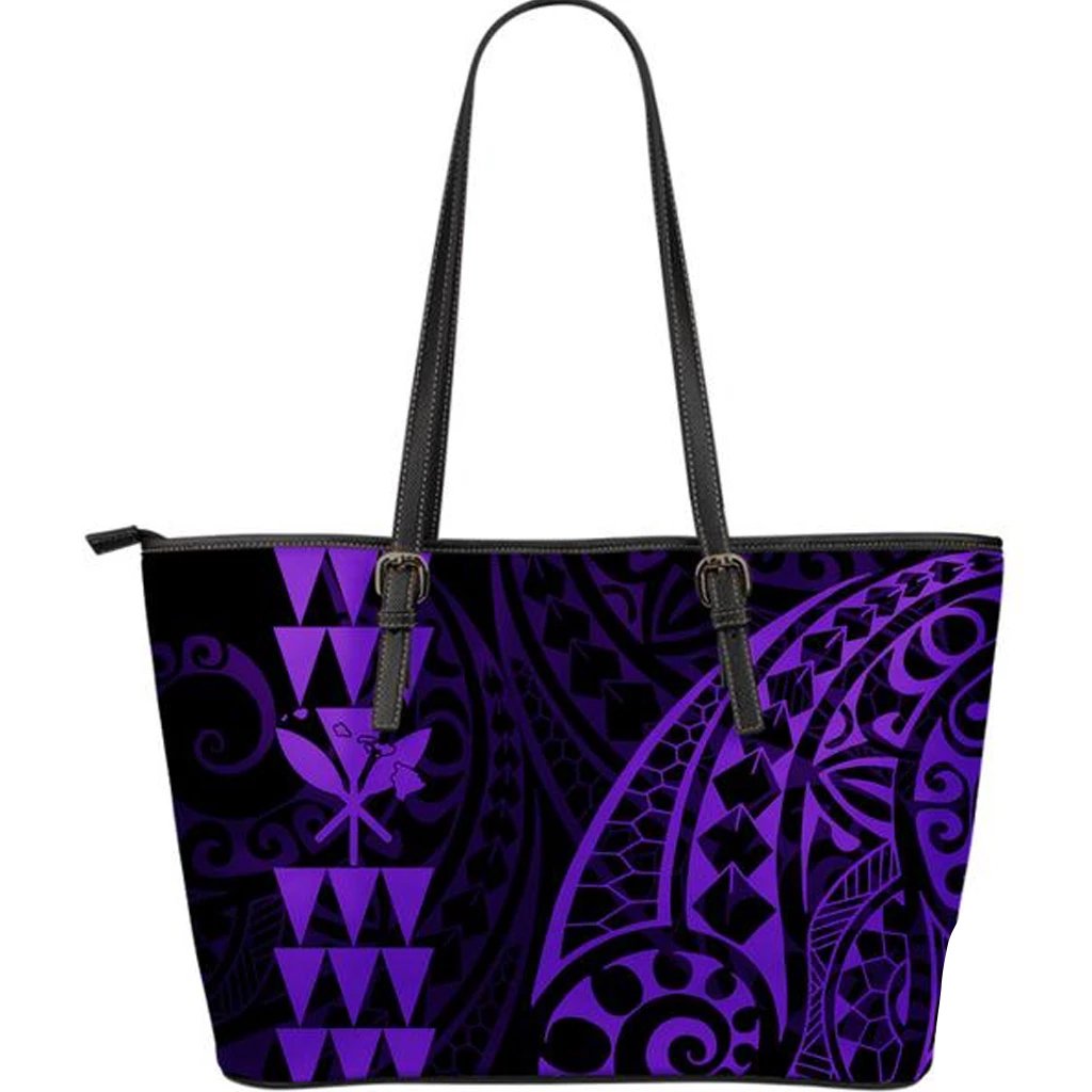 Kanaka Hawaii Map Purple Tribal Large Leather Tote Bag Purple - Polynesian Pride