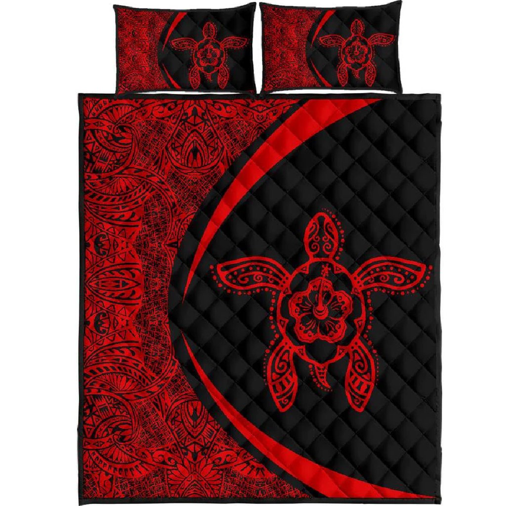 Hawaiian Polynesian Turtle Quilt Bed Set - Circle Style Red Black - Polynesian Pride
