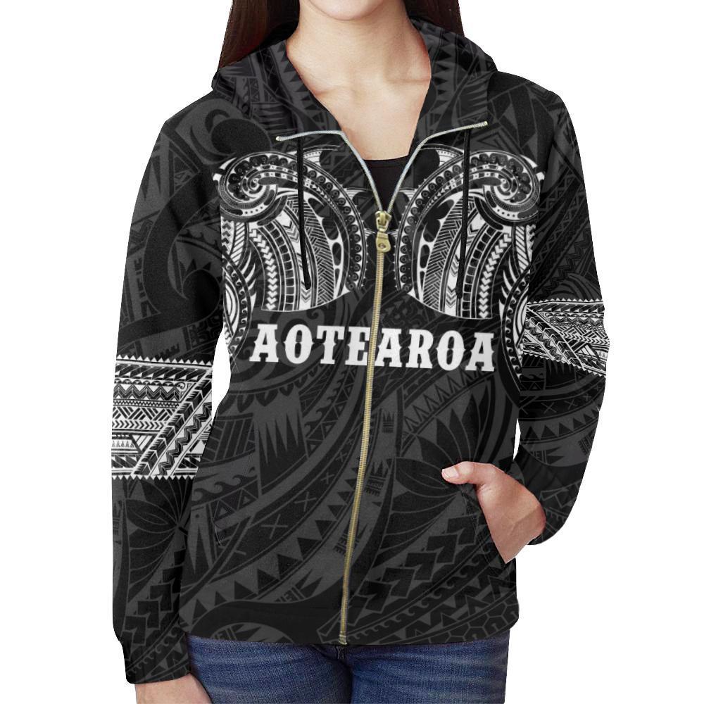 Aotearoa Maori Tattoo All Over Zip Hoodie White Unisex White - Polynesian Pride